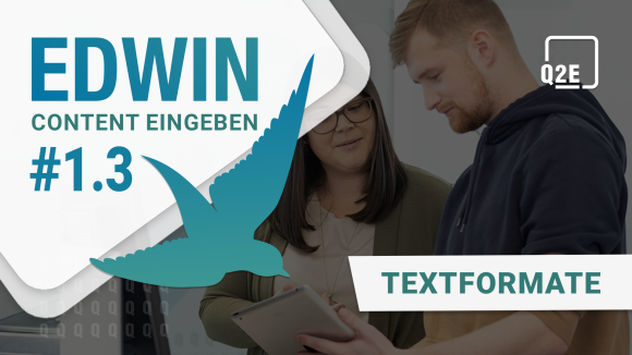 Bild vom Team. Im linken oberen Eck eine weiße Raute mit blauem Text: "EDWIN - Content eingeben #1.3". Schräg darüber ein blau-mint-verlaufender Vogel. Im rechten oberen Eck das Logo von Q2E. Rechtsbündig blauer Text in weißer Box "Textformate".