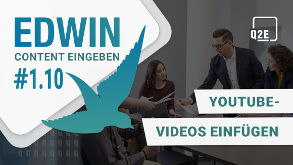 Bild vom Team. Im linken oberen Eck eine weiße Raute mit blauem Text: "EDWIN - Content eingeben #1.10". Schräg darüber ein blau-mint-verlaufender Vogel. Im rechten oberen Eck das Logo von Q2E. Rechtsbündig blauer Text in weißer Box "YouTube-Videos einfügen".
