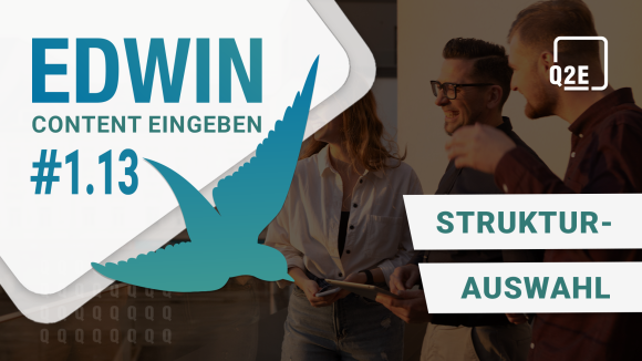 Bild vom Team. Im linken oberen Eck eine weiße Raute mit blauem Text: "EDWIN - Content eingeben #1.13". Schräg darüber ein blau-mint-verlaufender Vogel. Im rechten oberen Eck das Logo von Q2E. Rechtsbündig blauer Text in weißer Box "Struktur-Auswahl"".